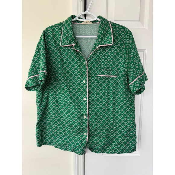 Boden Womens Green Floral Print Cotton Pajama Top Pink Piping Size US 16-18 XL - Picture 2 of 6